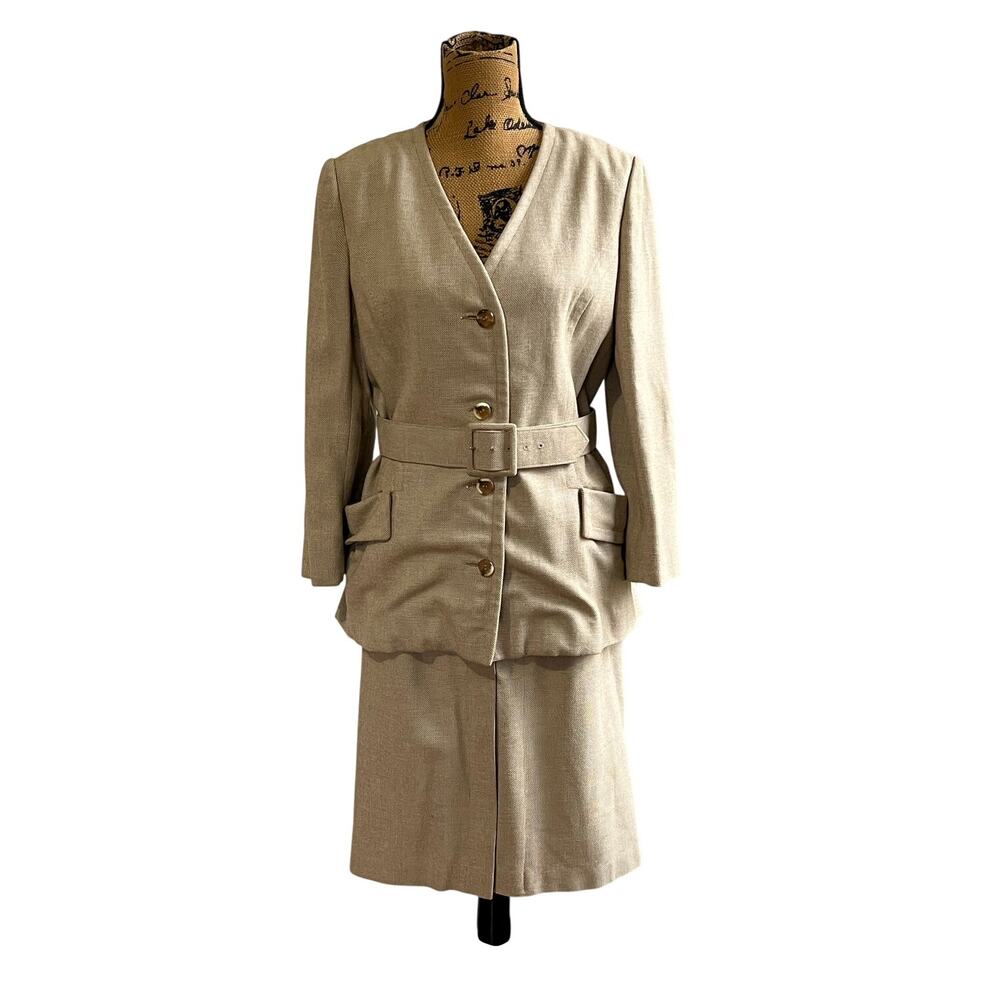 Rare VTG 1970s Betty Bone Tan Pencil Skirt Blazer Jacket Suit Belt Women’s S